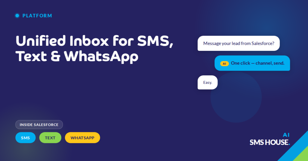 Salesforce unified inbox showing filtered SMS, text and WhatsApp conversations by channel, object and team member